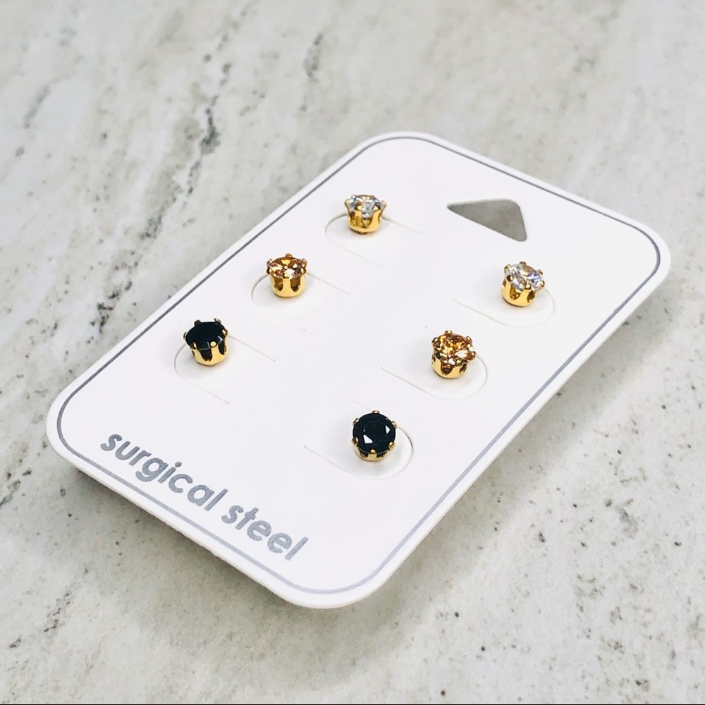 Surgical Steel Gold CZ Earrings Set of 3